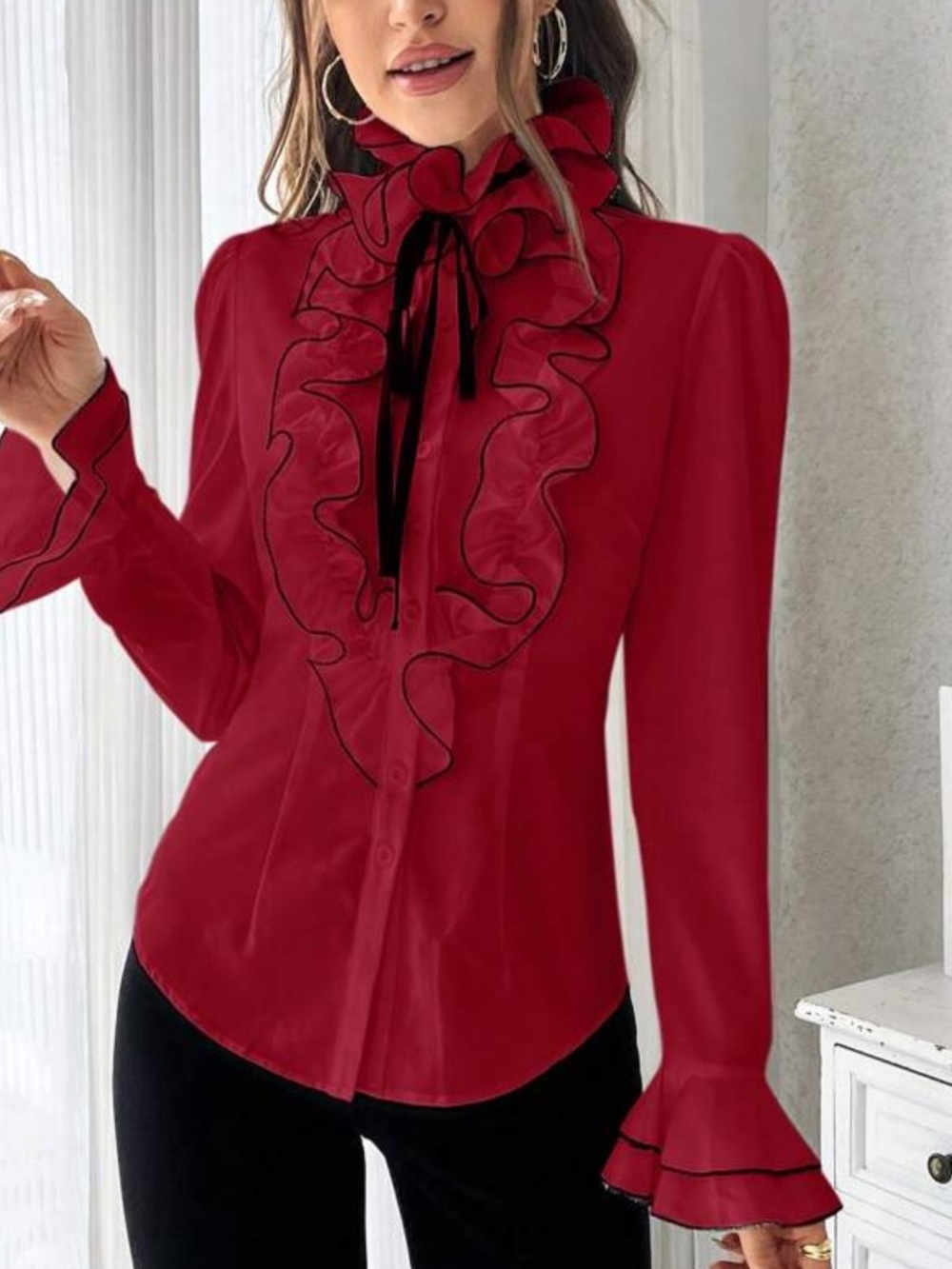 Women’s Ruffle Tie-Neck Blouse in Burgundy